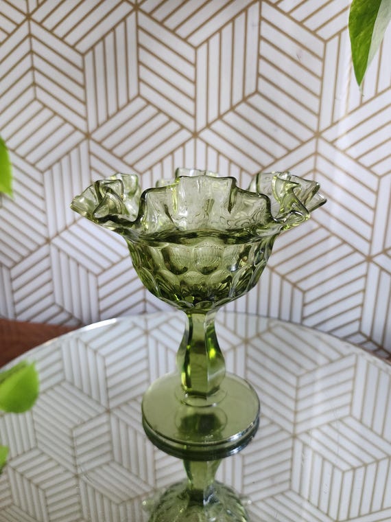 Vintage Fenton Colonial GreenThumbprint Footed Compote Dish