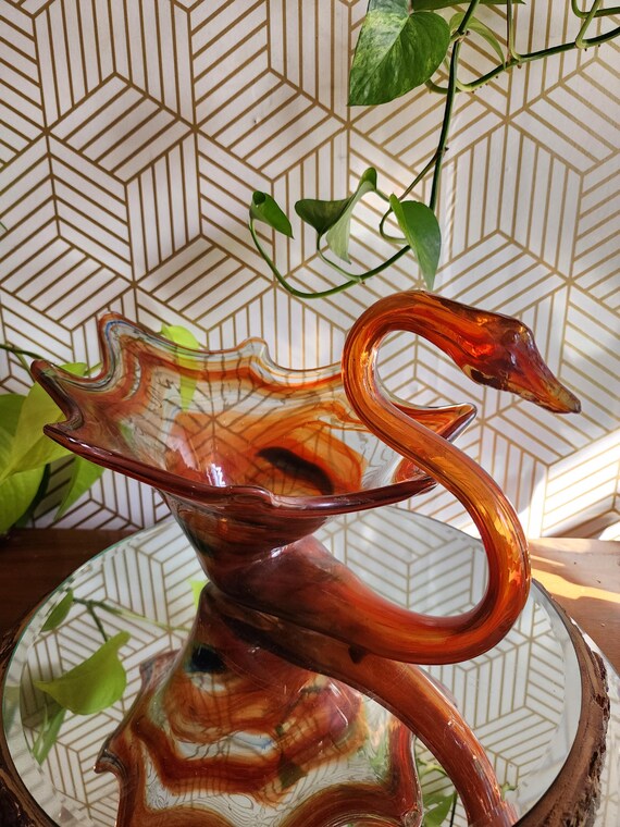 Vintage Handblown Orange Swirl Glass Swan Canadian Art Glass Bowl