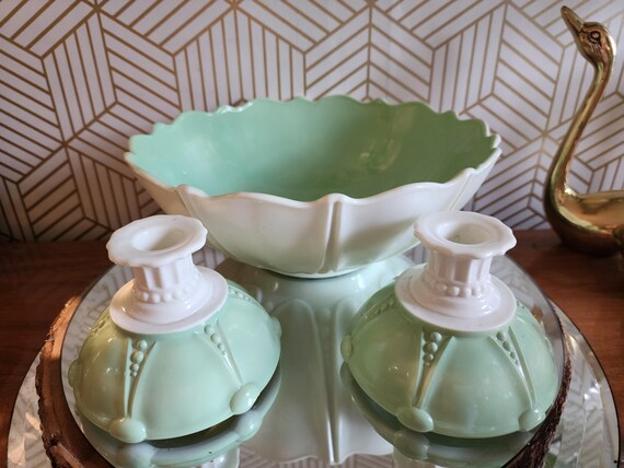 1930s Anchor Hocking Oyster & Pearl White with Green Bowl and Candlesticks Set
