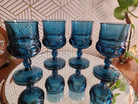 Vintage Blue Glass King's Crown Thumbprint Goblets - Set of Four