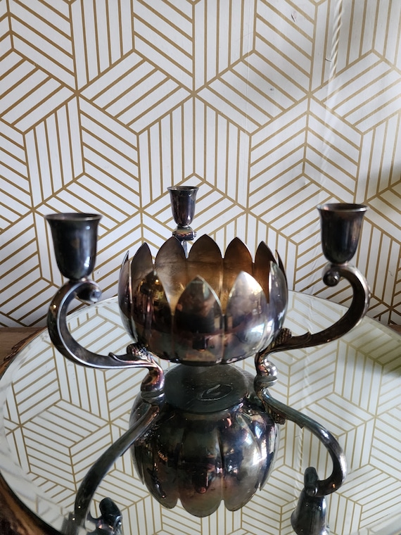 Vintage Leonard Silver Plated Lotus Flower Bowl With 3 CandleStick Holders
