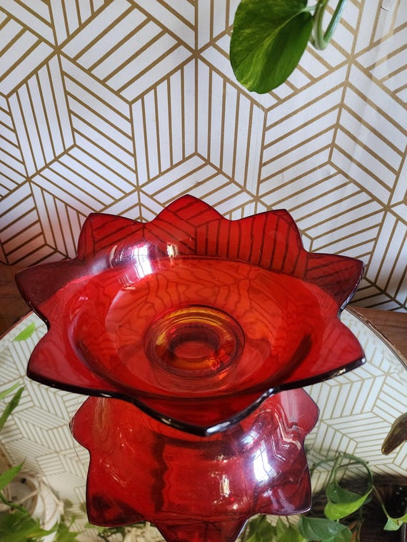 Vintage Fenton Red Amberina Lotus Petal Bowl 9"