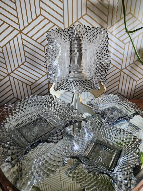 4 Vintage Indiana Glass Smokey Grey Diamond Point Ruffled Square Candy Dishes / Nut Bowls / Catchall / Ashtrays
