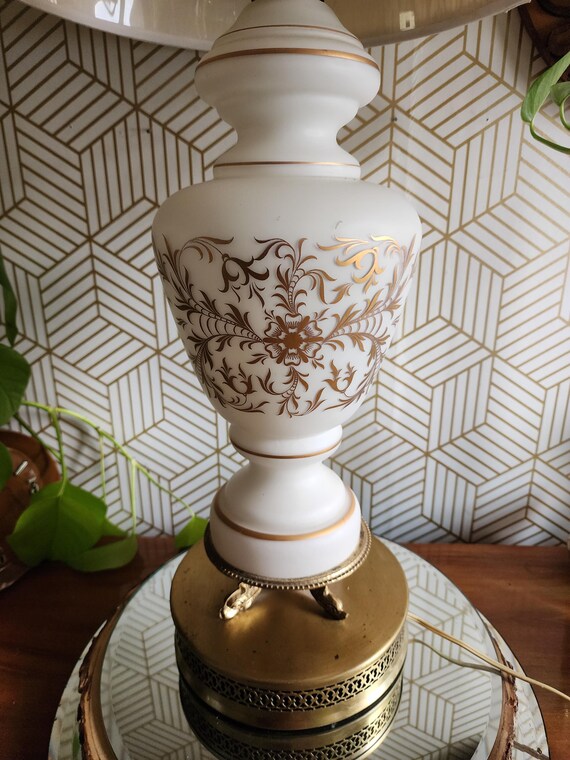 Vintage French Antique Capodimonte Style Gold Gilt Floral Pattern Satin Glass Table Lamp