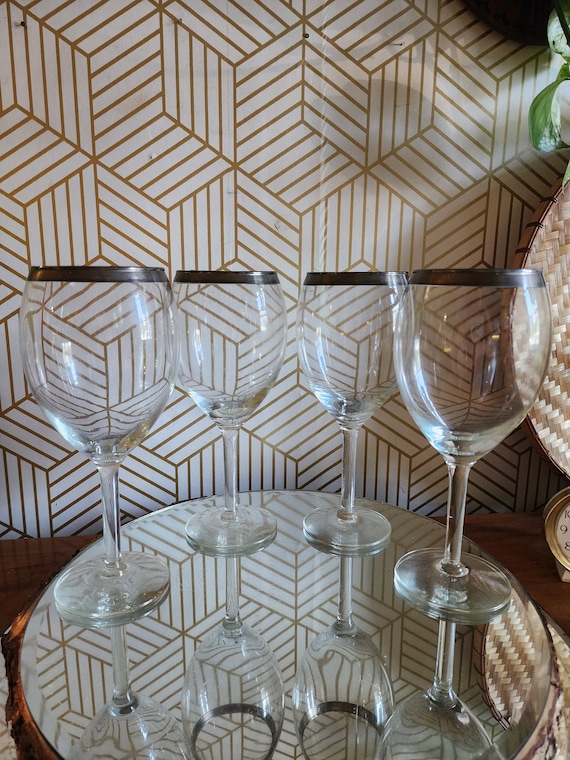 Set of 4 Vintage Oversized Silver Plate Rimmed Wine Glasses 26oz