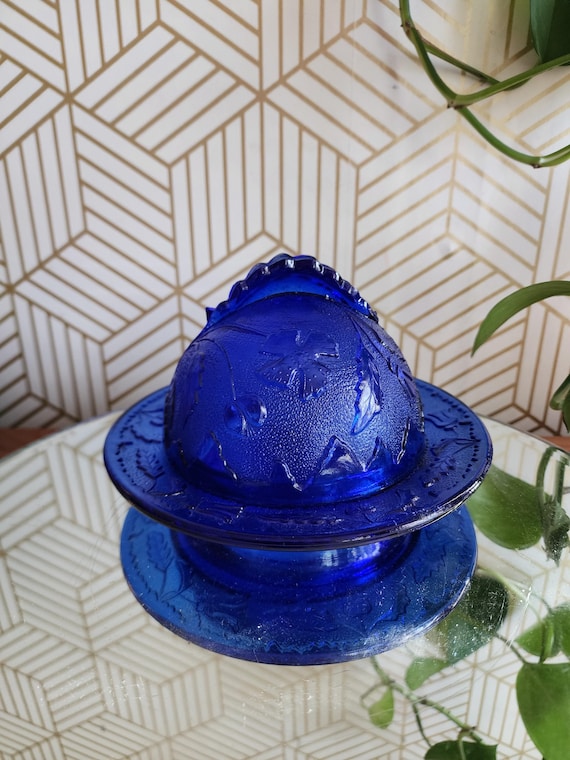 Vintage EAPG Embossed Delaware Cobalt Blue Glass Butter Dome