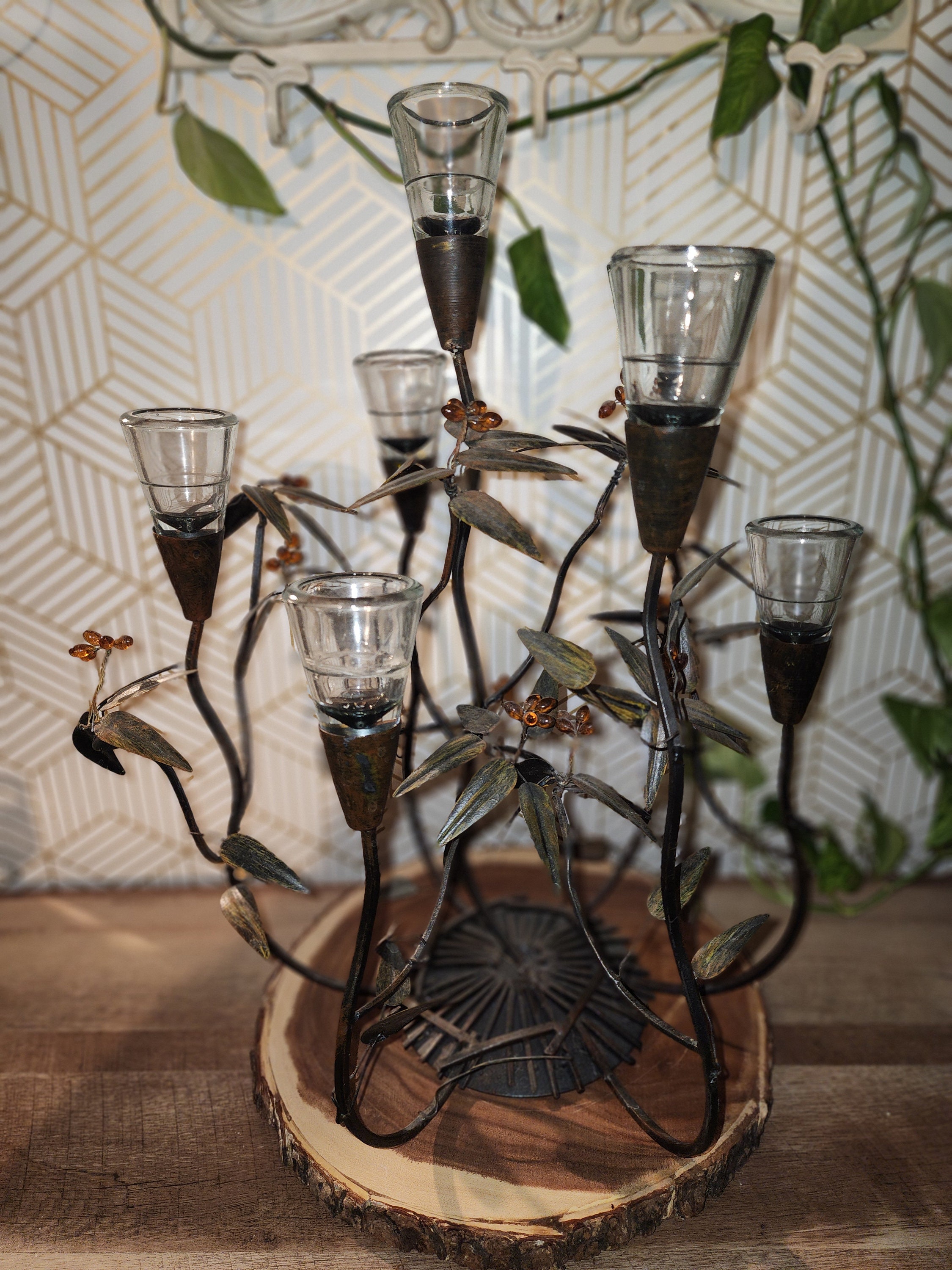 purchase onlinestore Large Holder Vintage Cast Candlestick Metal Large  Candleholder, Iron Metal Cast Branches and Leaves, Hand Blown Glass, Made  in India 