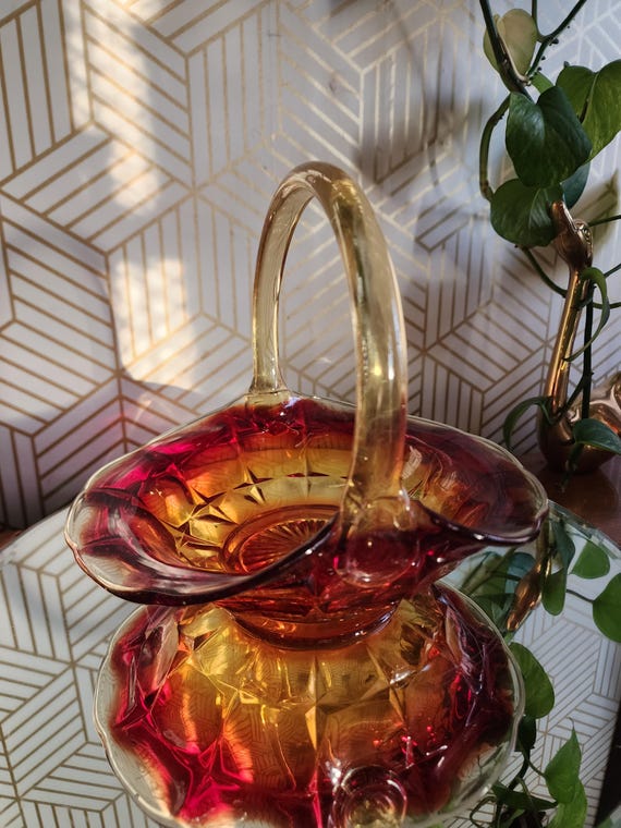 Vintage Indiana Tiara Glass Amberina Sunset Constellation Basket Bowl With Handle - GLOWS