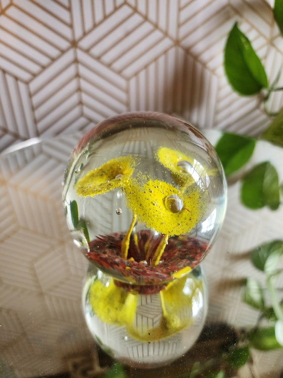 Vintage Handblown Yellow Multicolor Flower Glass Paperweight - Controlled Bubbles