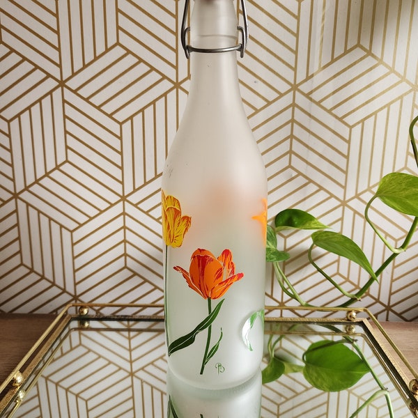 Vintage Lillian Vernon Cerve Italy Frosted Glass Bottle Flower Design