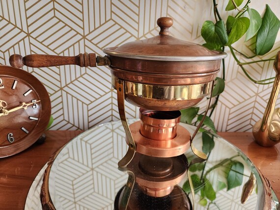 Vintage Copper and Brass Chafing Dish, Double Boiler Fondue Warming Pan