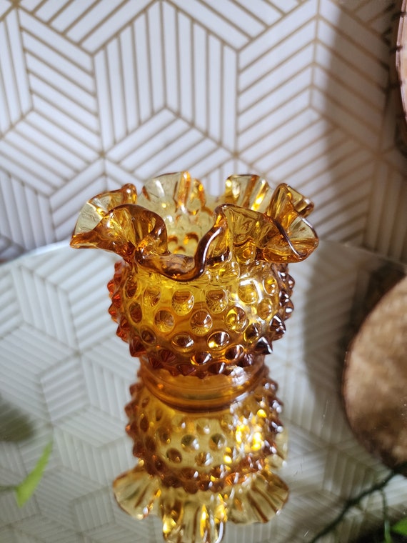 Fenton Honey Amber Hobnail Double Crimped Vase - Candleholder. 3"