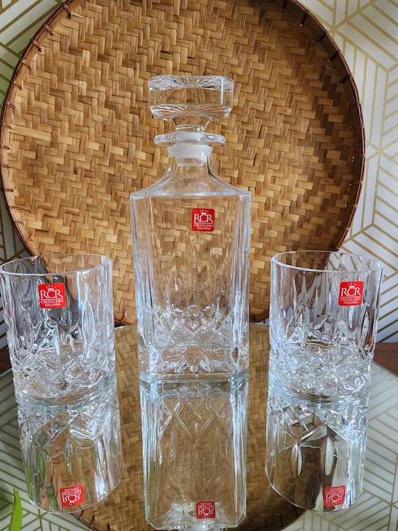Vintage RCR Crystal Decanter and Set of 6 Rocks Glasses - New Old Stock Imported from Italy