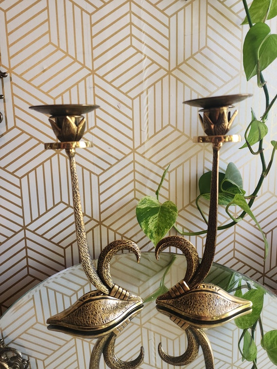 Mid-Century Brass Flower Candlestick Holder Pair by Dayagi Made in Israel