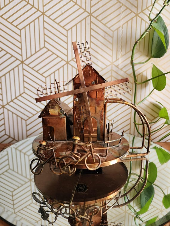 Vintage Copper Rustic Moving Windmill Wind Up - Musical - George Good Company Made in Hong Kong