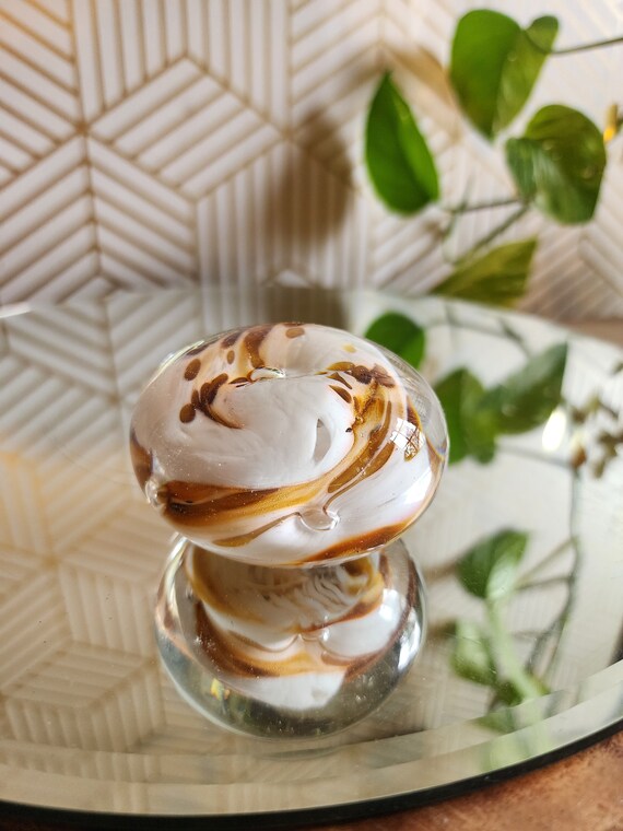 Vintage Handblown White and Brown Glass Paperweight