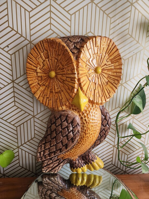 Vintage Huge 19" 1970s Chalkware Owl Kitsch Retro Wall Art Hanging Decor
