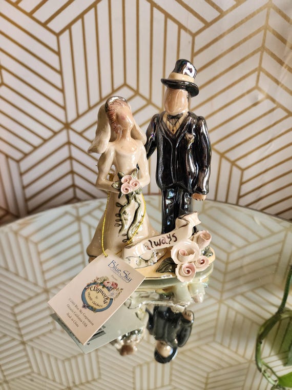 Vintage Blue Sky Clayworks Bride and Groom Figurine Heather Goldminc Cake Top Ceramic Statue Bridal Shower Gift