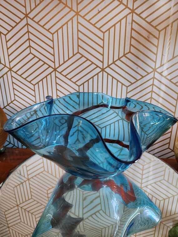 Vintage Handblown Blue Ruffled Serving Bowl