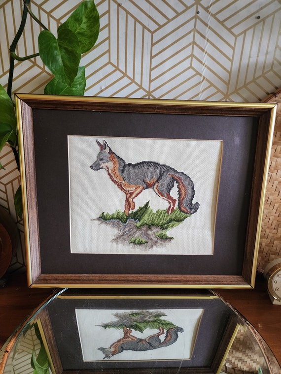 Vintage 1980s Preworked Cross Stitch Grey Wolf Framed