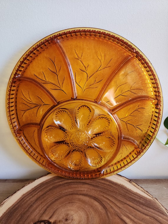 Vintage 12" Indiana Glass Pebble Leaf Amber Round Egg & Relish Vintage Serving Tray Platter