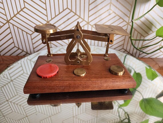 Vintage Brass and Wood Postal Scale with Weight Set