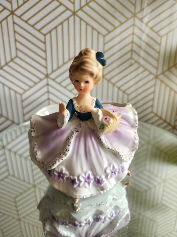 Vintage Inarco Ceramic Planter Vase Figurine Girl Lavendar Dress Flower Basket #2317