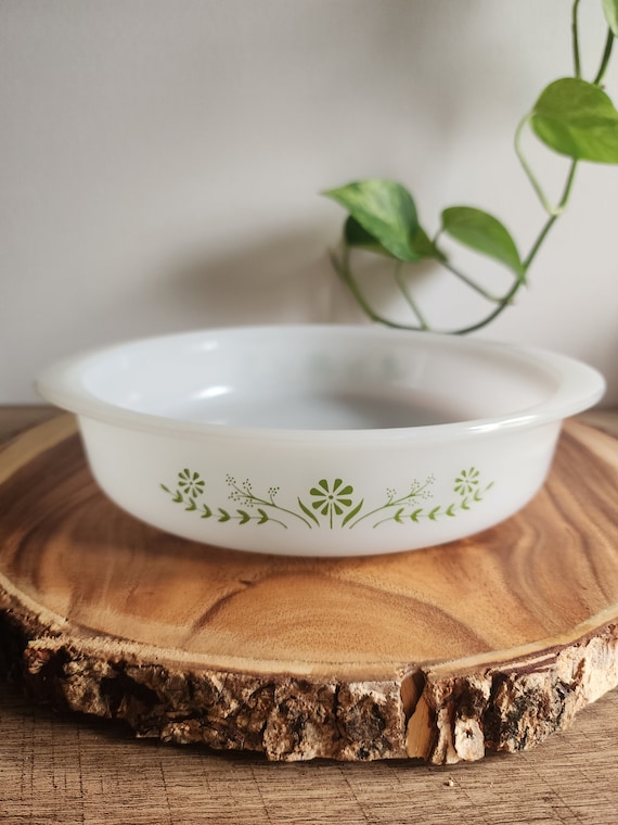 Vintage Glassbake Milk Glass Round 9" Green Daisy