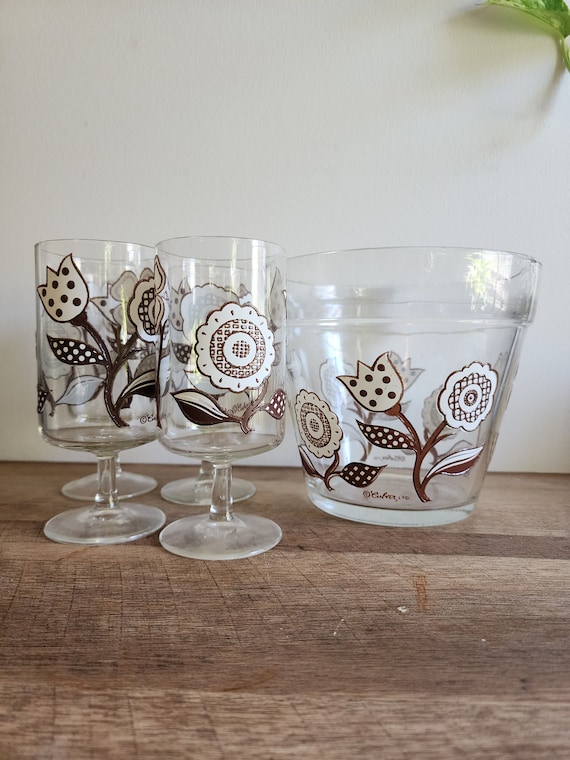 Vintage Culver Limited Edition Flower Power Ice Bucket w/ 4 Stemmed Glasses | Retro Drinkware