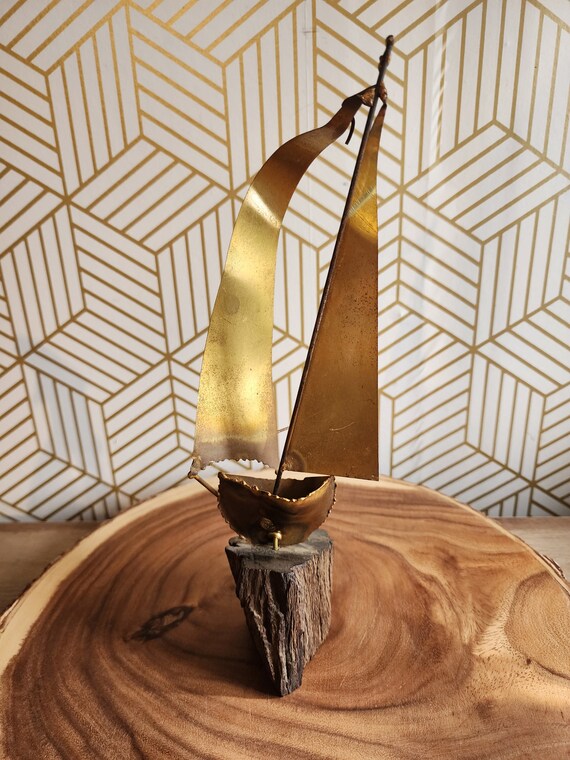 Vintage Brutalist Brass Sailboat Sculpture By Gino Perry