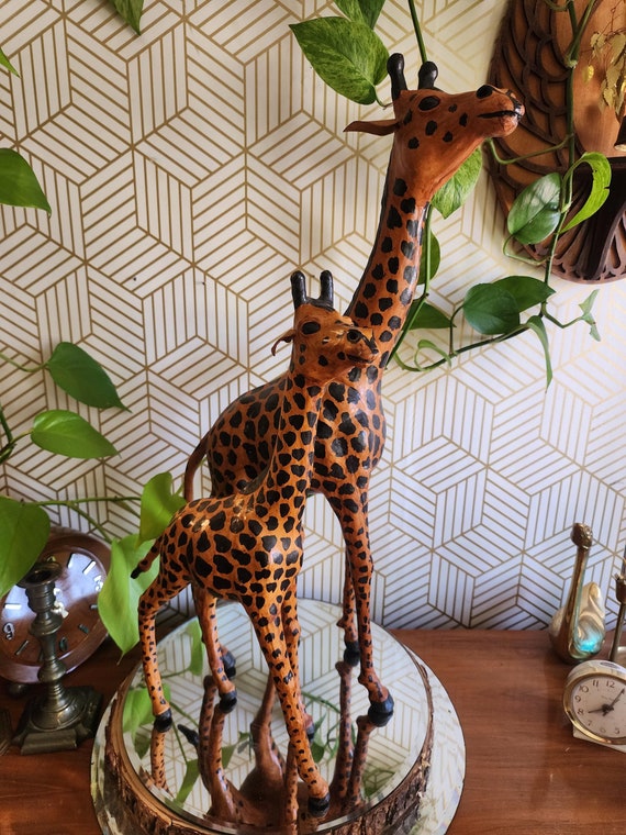 Vintage Pair Leather Wrapped Giraffe Statues - 25" Tall