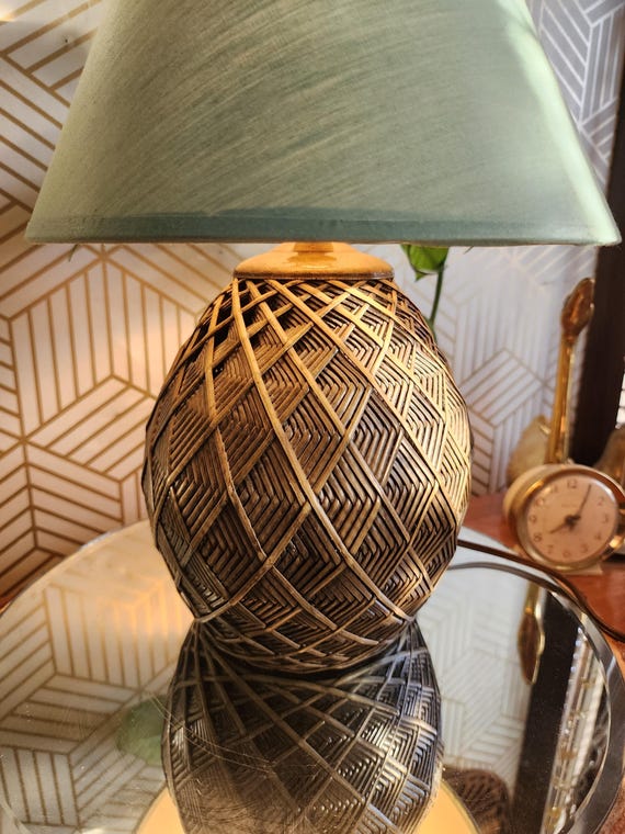 Vintage 1970s Geometric Woven Wicker Table Lamp | Mid Century Wicker Side Table Lamp