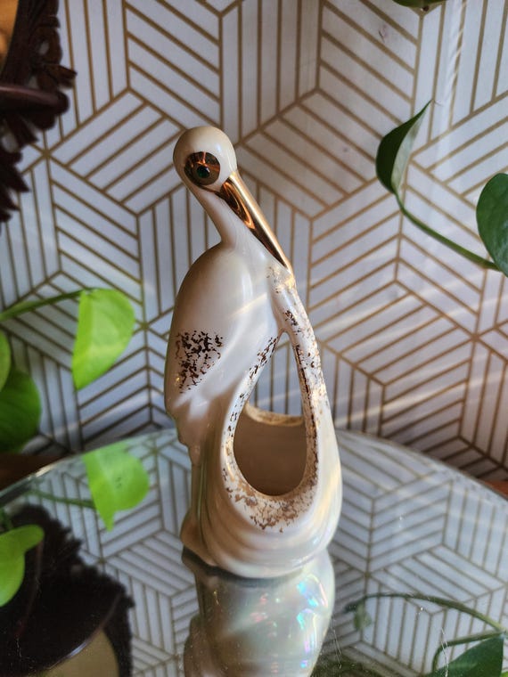 Vintage Atomic Retro Ceramic Stork Planter with Gold Speckles