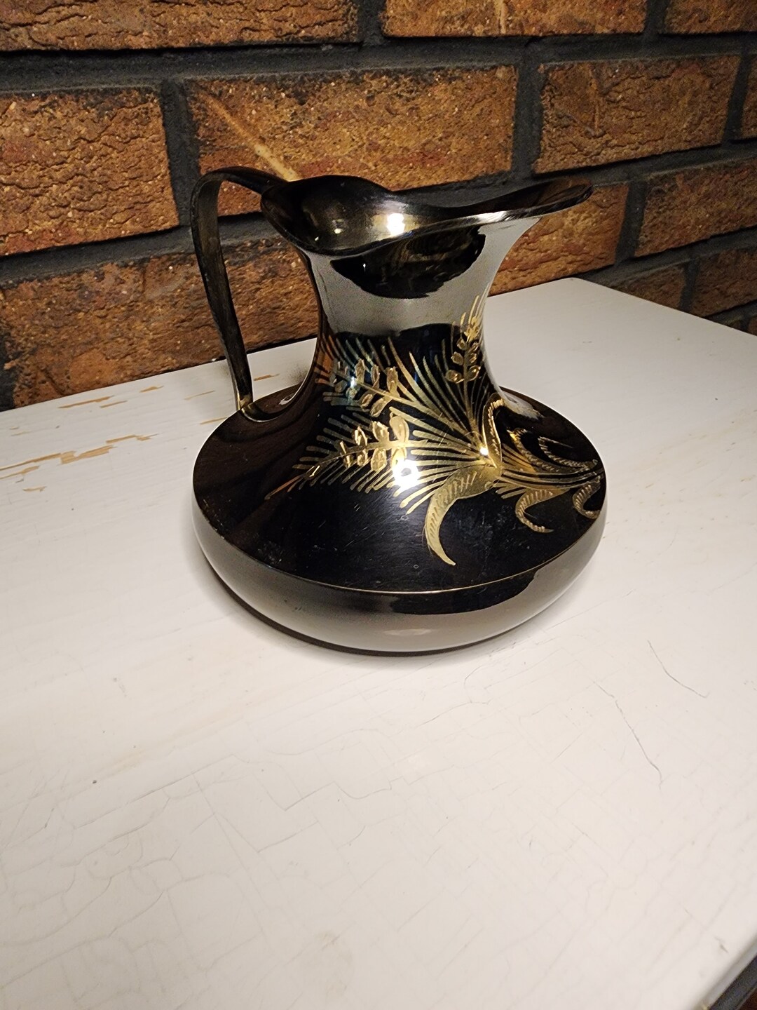 Black Brass Pitcher With Gold Foil Etched Detail Etsy