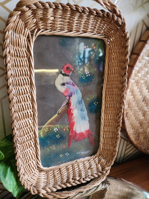 Vintage Mexican Feather Folk Art Bird Wicker Tray / Wall Hanging ca 1940's