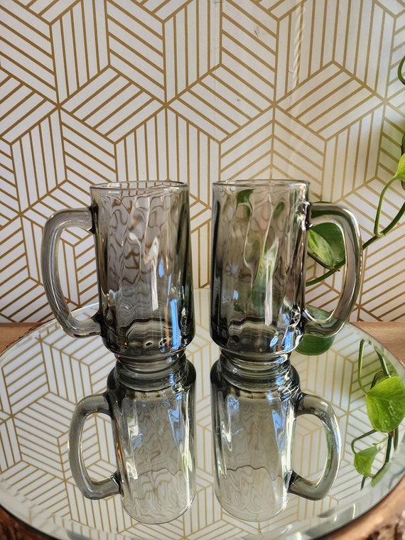 Pair of Mid Century Modern Vintage Optic Swirl Smoke Gray Handle Irish Coffee/Beer Mugs