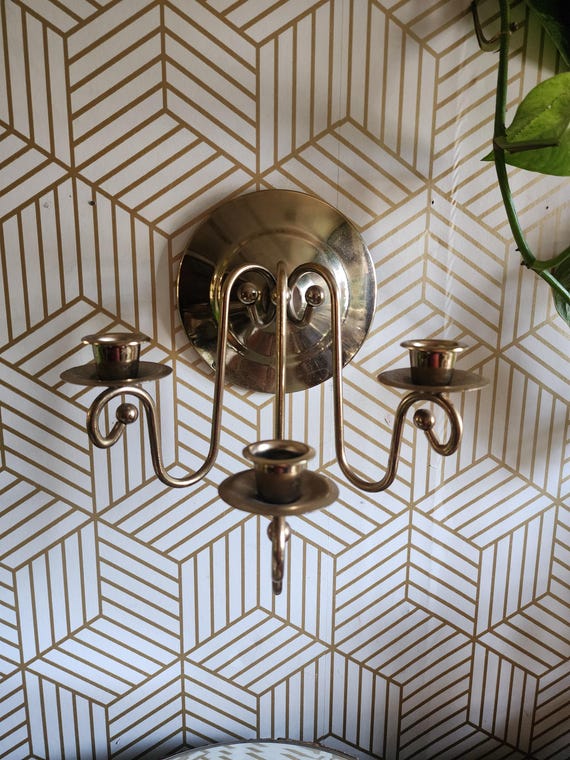 Vintage Brass Wall Sconce 3 Arm Candle Holder Mid Century Hollywood Regency Style