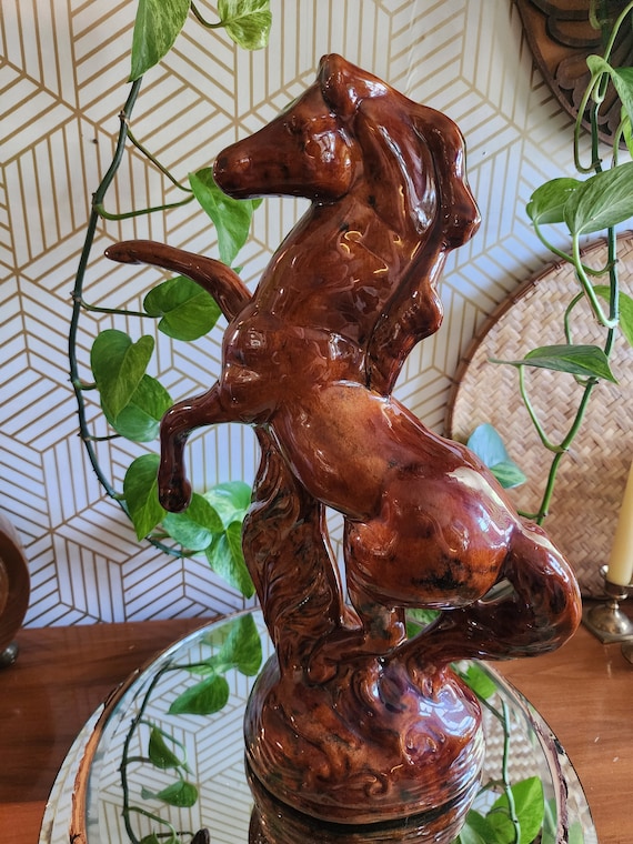 Large Vintage Glazed Ceramic Rearing Horse Sculpture 18" tall. Excellent Condition.