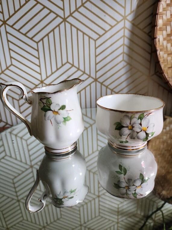 Vintage Royal Albert White Dogwood Bone China Open Sugar and Creamer Set