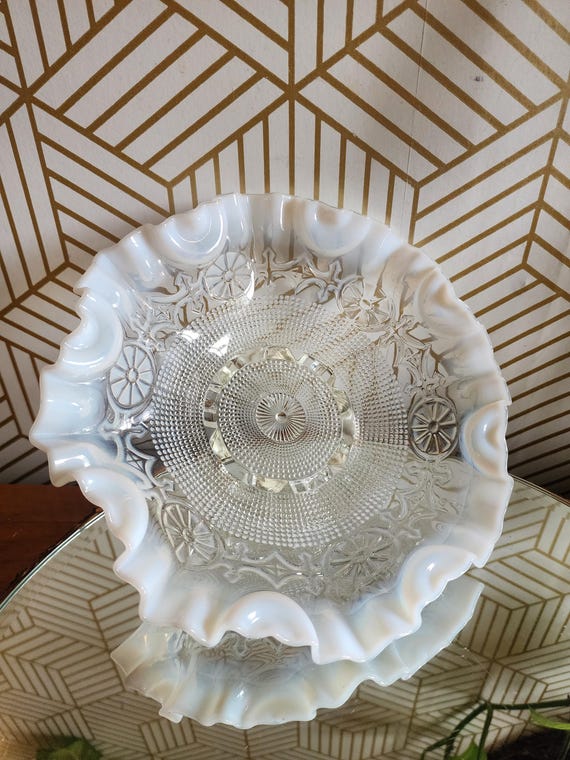 Vintage Jefferson Glass White Opalescent Footed Dish
