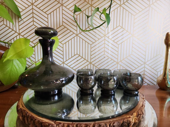 Vintage Empoli Smoke Grey Molded Decanter and 6 Glass Set