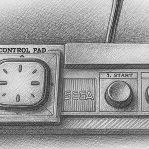May include: Pencil drawing of a vintage SEGA Control Pad. The controller features a directional pad, a central dial, and two buttons labeled "1. START" and "2". The SEGA logo is prominently displayed.