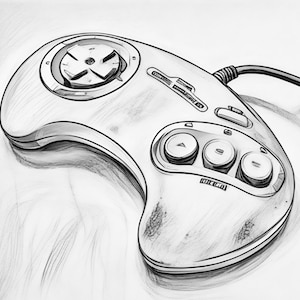 May include: A black and white pencil drawing of a Sega Genesis controller. The controller has a circular directional pad, six buttons, and a cord.