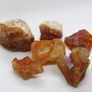 May include: A collection of six agate stones in various shades of brown and orange. The stones have a banded pattern and some have a translucent quality.