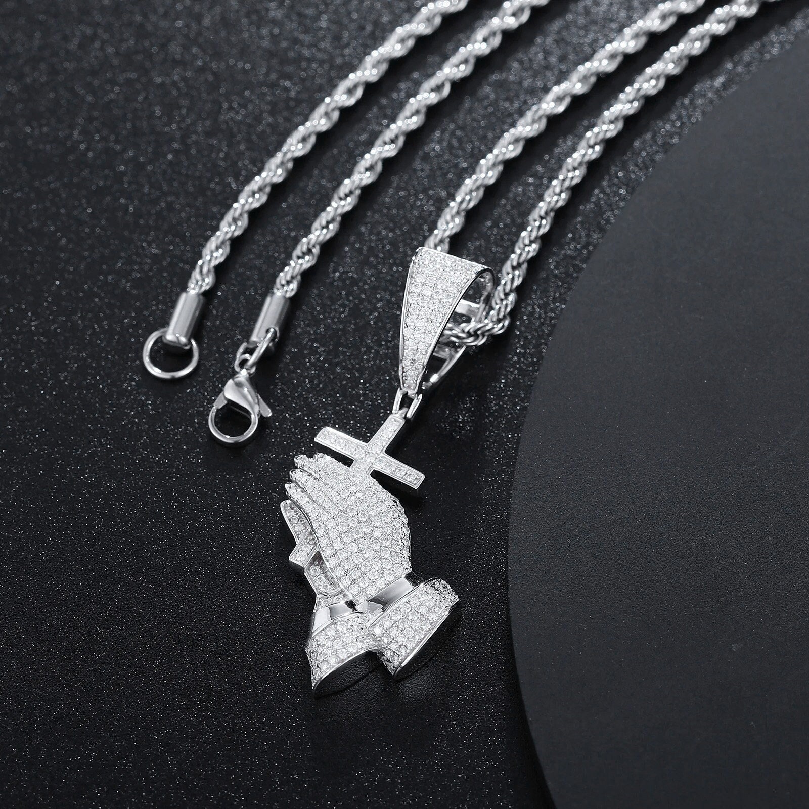 Sterling Silver Praying Hands Pendant Necklace With Moving Cross 