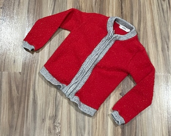 Sz 5 Vintage 60s Kids Sears Acrylic Knit Zip Up Sweater Red