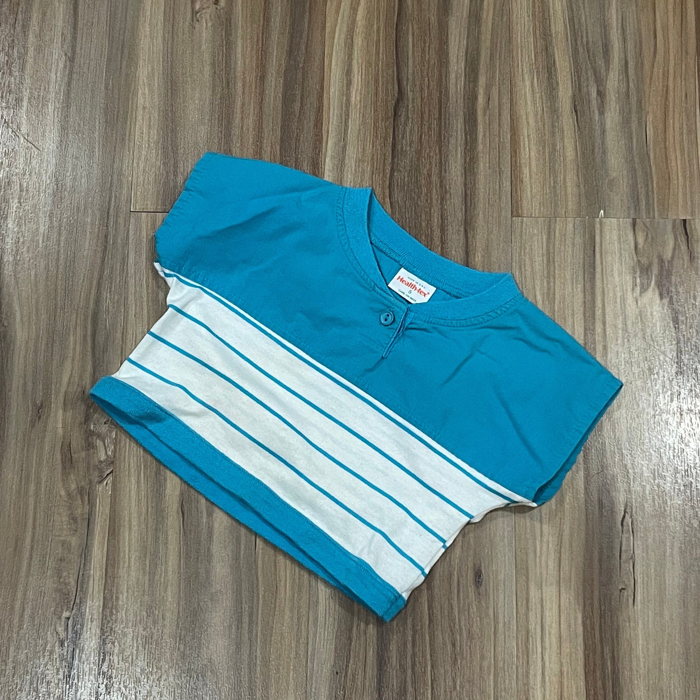 Sz 5 Vintage 80s Kids Two Button Short Sleeve Striped Top Blue