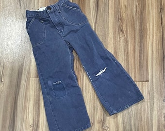 Vintage 80s Kids Cotton Trousers Pants Blue Repaired 17x14