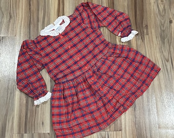 Größe 4 Vintage 90er Jahre Kinder Mädchen Oshkosh Kariertes Spitzenbesatz Langarmkleid Rot