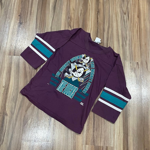 Sz Medium Vintage 90s Kids Mighty Ducks Hockey Movie 3/4 Sleeve Cotton Shirt Purple Blue Scrimmage